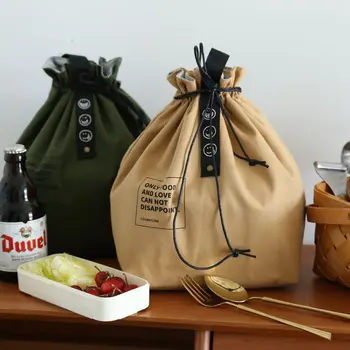 Изолированная сумка Bento Box, широко открывающийся холщовый ланч-бокс на шнурке, сумка для хранения школьной сумки, кухонные принадлежности для пикника и кемпинга