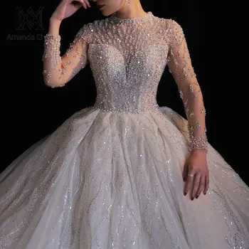 Свадебное платье abito da sposa с высоким воротом и длинным рукавом, кружевная аппликация, жемчуг, свадебное платье 2023