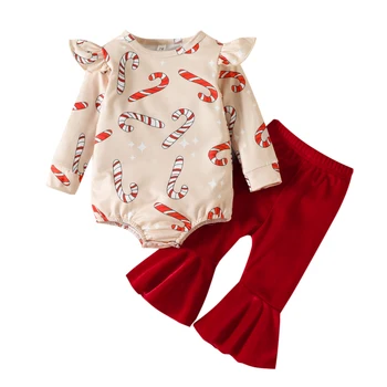 Мама и Малыш 0-24 м Рождественский Комплект одежды для новорожденных девочек, комбинезон с оборками и конфетами, расклешенные брюки, Наряды, Рождественская Одежда D01