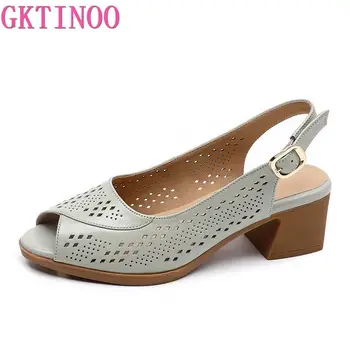 GKTINOO 2023, Летняя обувь с открытым носком, Женские босоножки из натуральной кожи на среднем каблуке, женские босоножки большого размера
