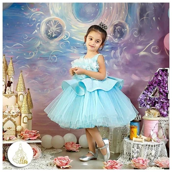 Небесно-Голубые Пышные Платья С оборками Aline Для Маленьких Девочек В цветочек, Нарядное Платье Принцессы Для Причастия, Дня Рождения, Robe De Demoiselle от 1 до 12 Лет