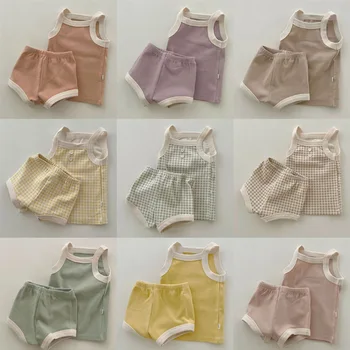 Летние комплекты одежды в клетку для новорожденных девочек и мальчиков 2023 года в корейском стиле, жилет + Шорты, 2 предмета детской одежды