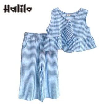 Комплекты Halilo для девочек, клетчатые топы без рукавов + брюки, комплект из двух предметов, модная летняя одежда для малышей
