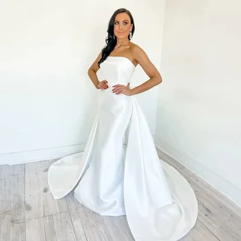 Свадебные платья из белого атласа со съемными складками на шлейфе, свадебные платья, скромное свадебное платье в стиле бохо, vestido de novia