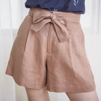 Женские шорты из 100% льна ElfStyle с высокой талией и завязками-бабочками - новейшие женские короткие брюки