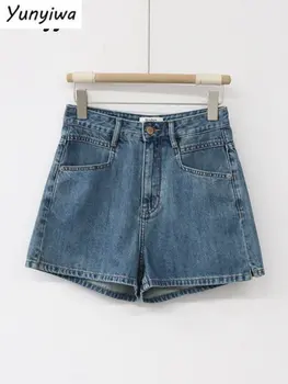 Джинсовые шорты для женщин, синие Дизайнерские джинсовые шорты трапециевидной формы с высокой талией и разрезом, Весна 2022, Винтажные повседневные узкие джинсы
