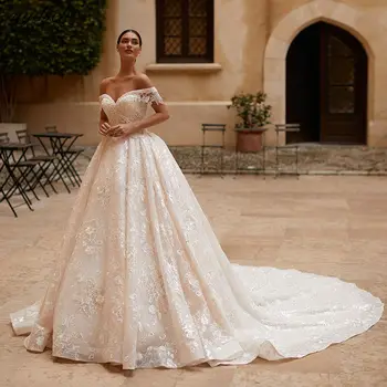 Элегантные кружевные свадебные платья принцессы-возлюбленной 2023, роскошные аппликации с открытыми плечами, платья невесты с открытой спиной трапециевидной формы